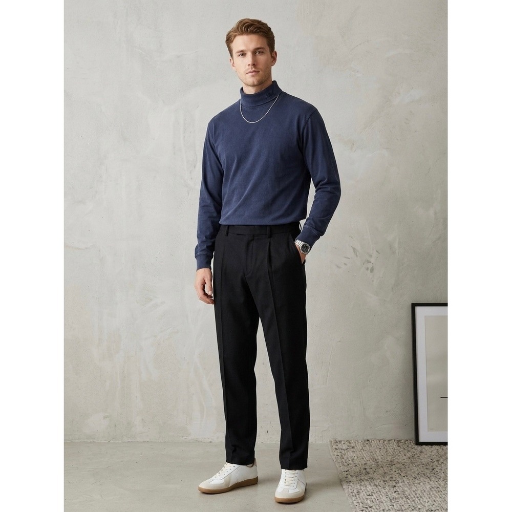 Kith Mens Long Sleeve Turtleneck Script Logo Navy Blue Cotton Shirt KHM031434